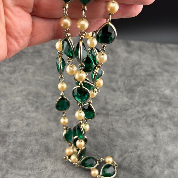 Long Vintage Necklace Gold-Tone Chain Green Teardrop Glass Bezel Faux Pearl  50” - Picture 4 of 12
